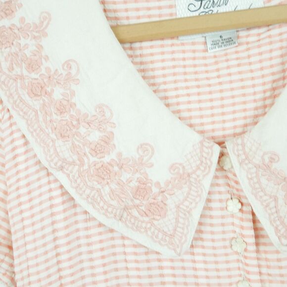 Vintage Size 6 Dress Embroidered Collar Pink Gingham Cottagecore 90s Dainty Midi - Picture 3 of 10